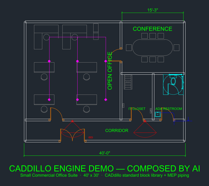 An office suite floor plan drawn in CADdillo — open office, conference room, IT closet, and ADA restroom with dimensions and MEP piping.