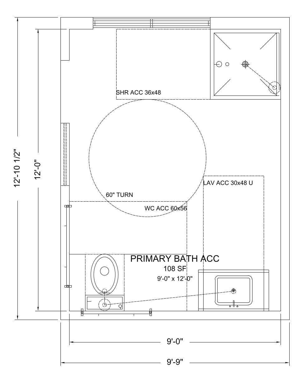 Accessible Primary Bath (Universal Design) — a drawn CAD floor plan template at 9'-0" x 12'-0", showing fixtures, clearances and dimensions.