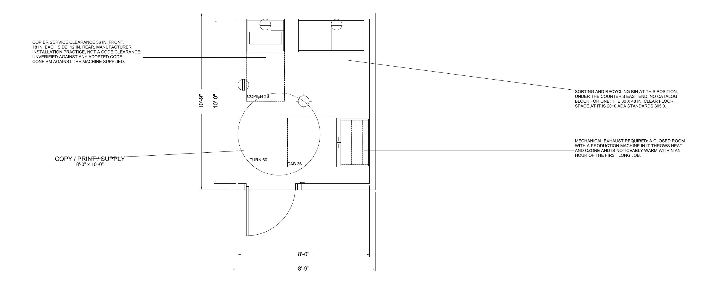 Copy, Print and Supply Room floor plan template, 8'-0" x 10'-0"