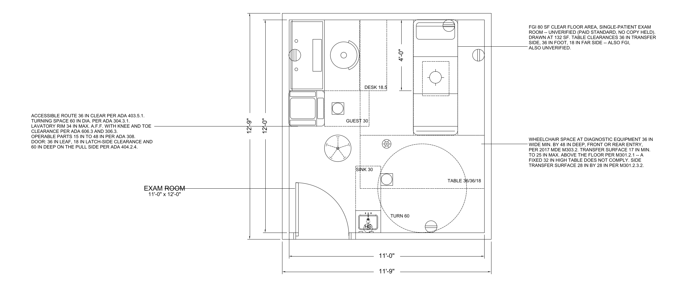 Exam Room floor plan template, 11'-0" x 12'-0"