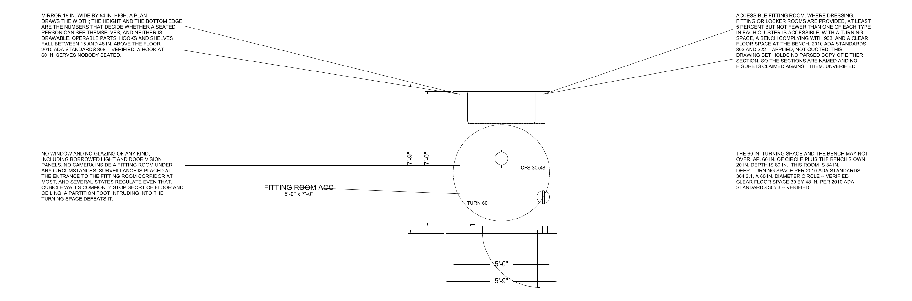 Fitting Room floor plan template, 5'-0" x 7'-0"
