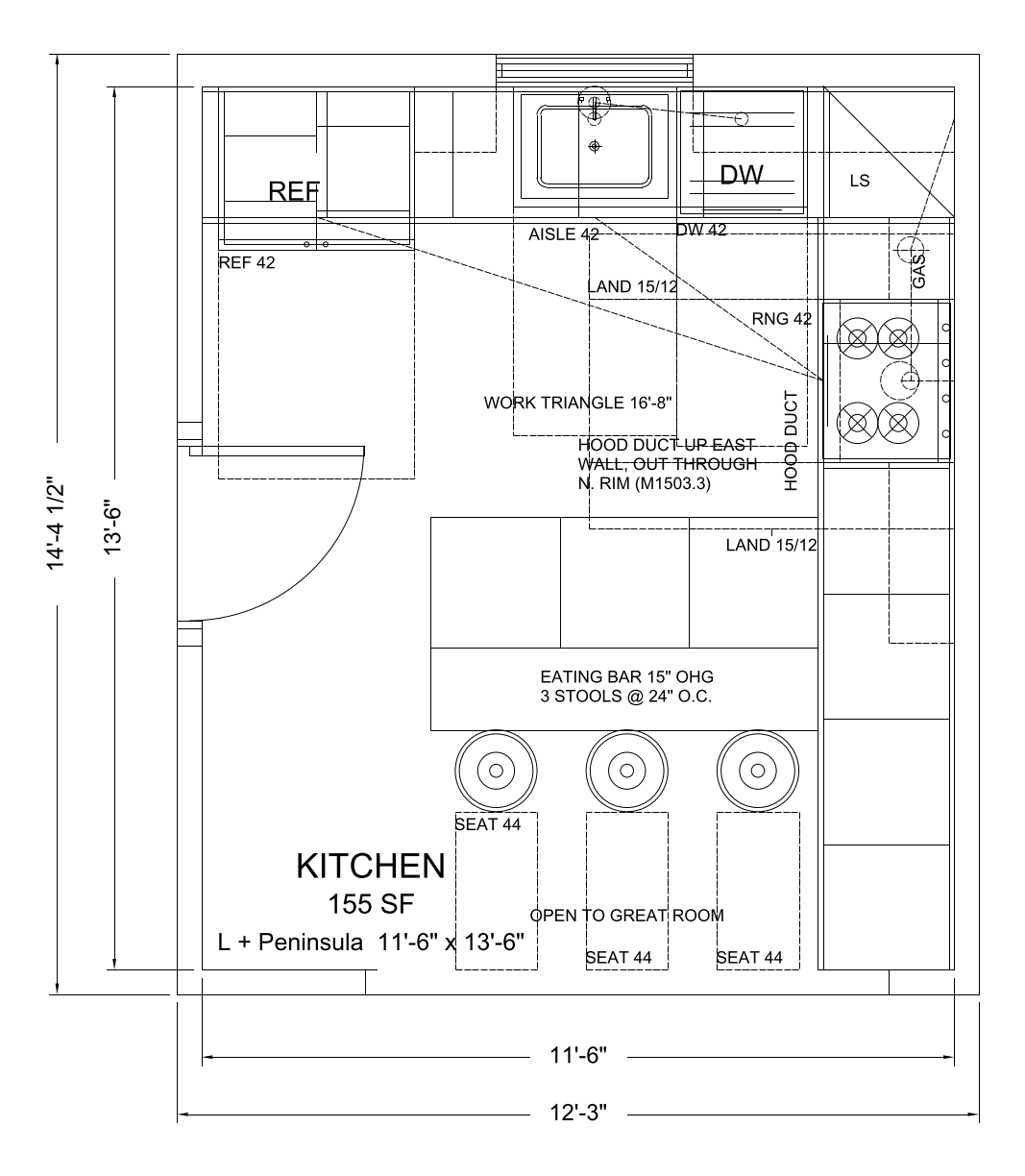 L-Shape Kitchen with Peninsula — a drawn CAD floor plan template at 11'-6" x 13'-6", showing fixtures, clearances and dimensions.
