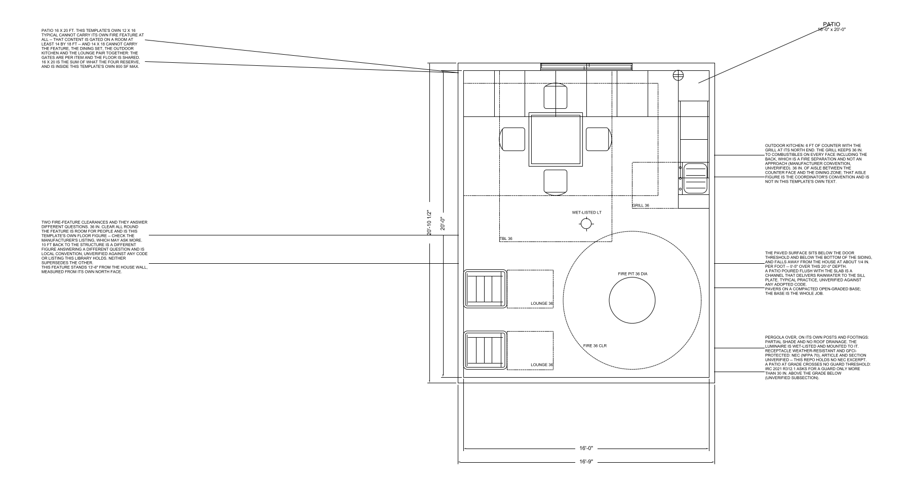 Patio floor plan template, 16'-0" x 20'-0"