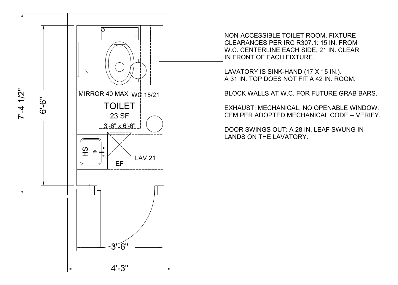Single-Occupant Toilet Room, Non-Accessible floor plan template, 3'-6" x 6'-6"